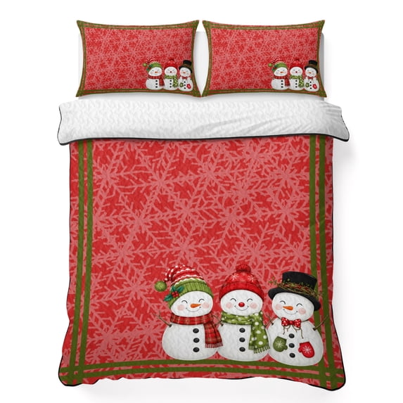 Quilts King Size Bedding Set, Red Christmas Snowflakes Lightweight Quilted Comforter, Winter Xmas Cute Snowman Plaid Soft Reversible Bedspread Coverlet with Pillow Covers for All Season, 96" x 106"