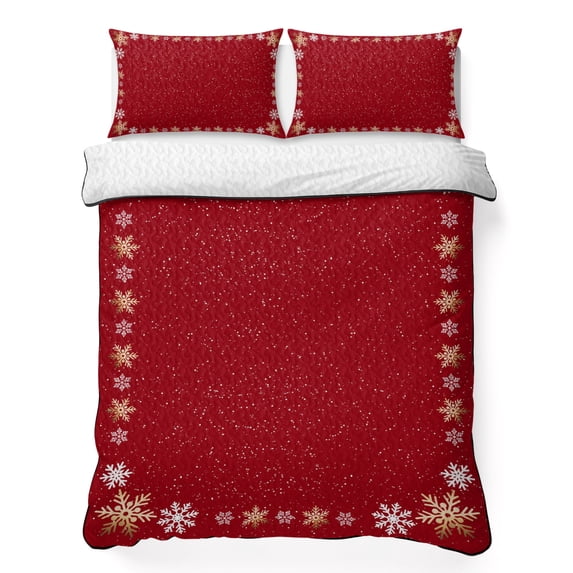 Quilts King Size Bedding Set, Red Snowflake Christmas Lightweight Quilted Comforter, Xmas Winter Modern Snowflake Soft Reversible Bedspread Coverlet with Pillow Covers for All Season, 96" x 106"