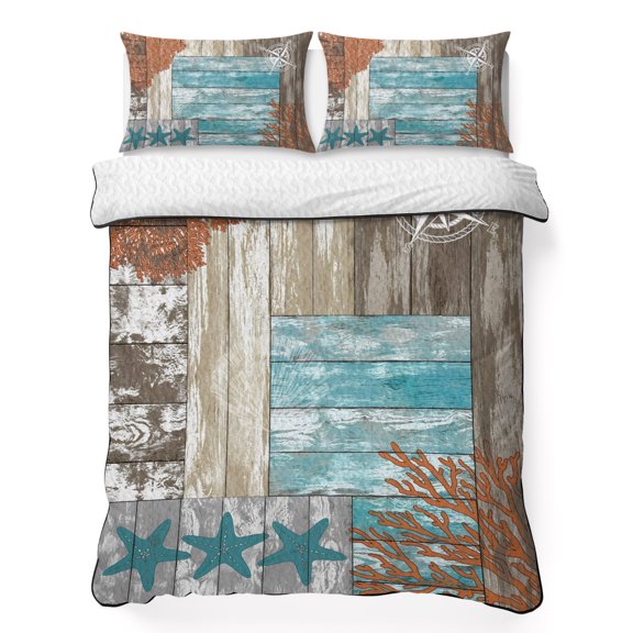 Quilts King Size Bedding Set, Retro Coastal Lightweight Quilted Comforter, Farmhouse Nautical Starfish Coral Wood Grain Reversible Bedspread Coverlet with Pillow Covers for All Season, 96" x 106"