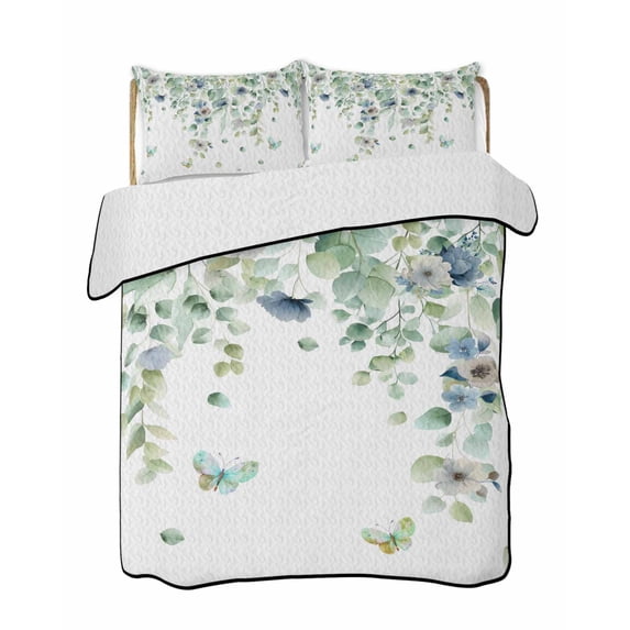 Quilts King Size Bedding Set, Sage Green Eucalyptus Lightweight Quilted Comforter, Weeping Botanical Farmhouse Leaves Soft Reversible Bedspread Coverlet with Pillow Covers for All Season, 96" x 106"