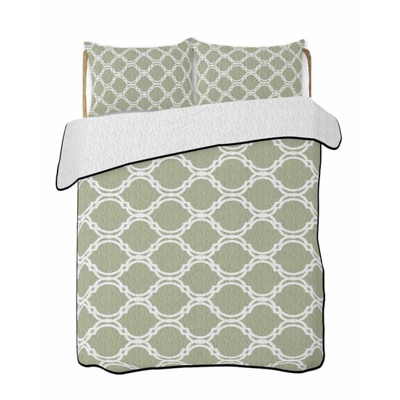 Quilts King Size Bedding Set, Sage Green Morocco Lightweight Quilted Comforter, Geometric Moroccan Abstract Art Soft Reversible Bedspread Coverlet with Pillow Covers for All Season, 96" x 106"