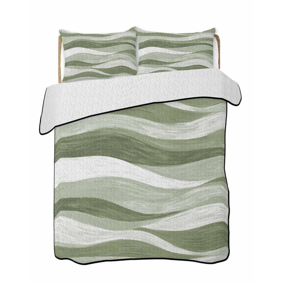 Quilts King Size Bedding Set, Sage Green Ombre Lightweight Quilted Comforter, Modern Moire Abstract Art Aesthetics Soft Reversible Bedspread Coverlet with Pillow Covers for All Season, 96" x 106"