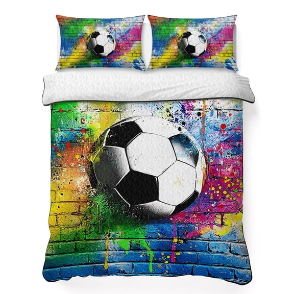 Quilts King Size Bedding Set, Splatter Soccer Lightweight Quilted Comforter, Football Paint Drips Industrial Soft Reversible Bedspread Coverlet with Pillow Covers for All Season, 96" x 106"