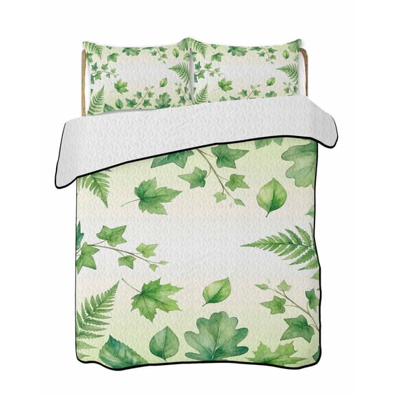 Quilts King Size Bedding Set, Spring Botanical Lightweight Quilted Comforter, Watercolor Ivy Ferns Leaves Ombre Green Soft Reversible Bedspread Coverlet with Pillow Covers for All Season, 96" x 106"