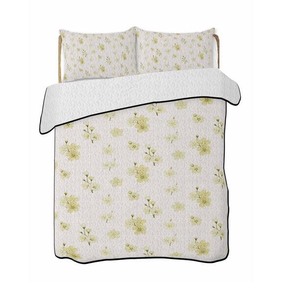 Quilts King Size Bedding Set, Spring Cherry Flowers Lightweight Quilted Comforter, Yellow Cherry Blossoms Floral Beige Soft Reversible Bedspread Coverlet with Pillow Covers for All Season, 96" x 106"