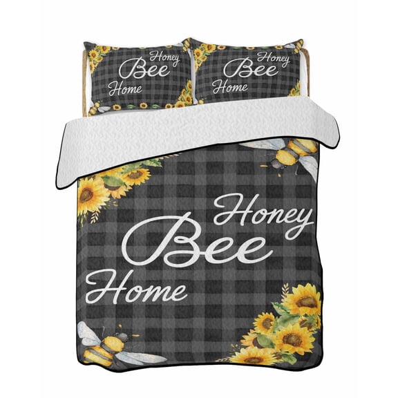 Quilts King Size Bedding Set, Spring Sunflowers Lightweight Quilted Comforter, Summer Yellow Flowers Bees Plaid Soft Reversible Bedspread Coverlet with Pillow Covers for All Season, 96" x 106"