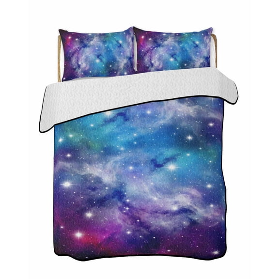 Quilts King Size Bedding Set, Starry Sky Lightweight Quilted Comforter, Galaxy Outer Space Universe Star Night Soft Reversible Bedspread Coverlet with Pillow Covers for All Season, 96" x 106"
