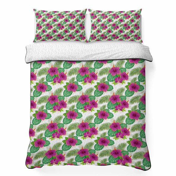 Quilts King Size Bedding Set, Summer Botanical Lightweight Quilted Comforter, Tropical Monstera Leaf Floral Soft Reversible Bedspread Coverlet with Pillow Covers for All Season, 96" x 106"