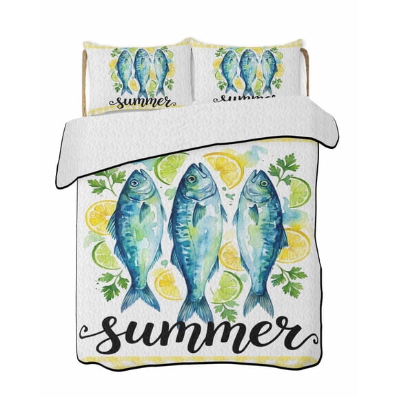 Quilts King Size Bedding Set, Summer Farmhouse Lightweight Quilted Comforter, Blue Fish Lemon Mint Leaves Yellow Plaid Soft Reversible Bedspread Coverlet with Pillow Covers for All Season, 96" x 106"