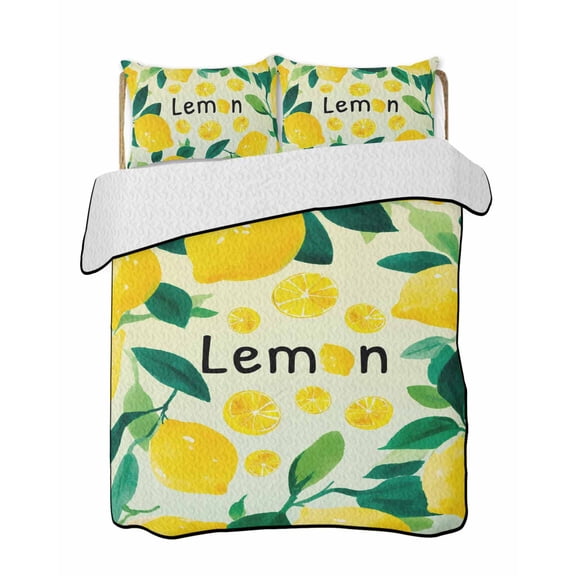 Quilts King Size Bedding Set, Summer Lemon Lightweight Quilted Comforter, Yellow Lemon Fruits Leaves Botanical Soft Reversible Bedspread Coverlet with Pillow Covers for All Season, 96" x 106"