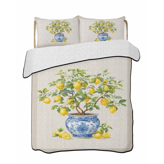 Quilts King Size Bedding Set, Summer Lemons Lightweight Quilted Comforter, Brown Beige Farmhouse Botanical Linen Soft Reversible Bedspread Coverlet with Pillow Covers for All Season, 96" x 106"