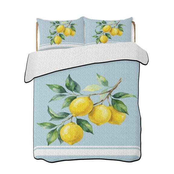 Quilts King Size Bedding Set, Summer Lemons Lightweight Quilted Comforter, Light Blue Striped Farmhouse Tropical Fruits Reversible Bedspread Coverlet with Pillow Covers for All Season, 96" x 106"