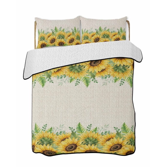 Quilts King Size Bedding Set, Summer Sunflowers Lightweight Quilted Comforter, Botanical Country Flowers Leaves Soft Reversible Bedspread Coverlet with Pillow Covers for All Season, 96" x 106"