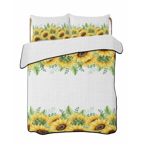 Quilts King Size Bedding Set, Summer Sunflowers Lightweight Quilted Comforter, Botanical Yellow Flowers Leaves Plants Soft Reversible Bedspread Coverlet with Pillow Covers for All Season, 96" x 106"
