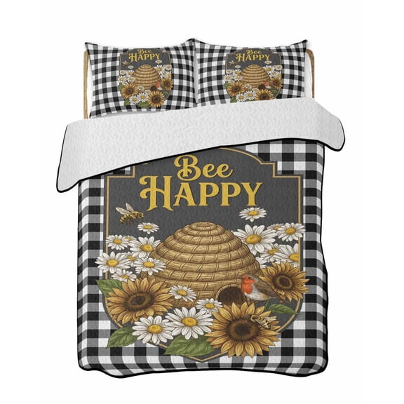 Quilts King Size Bedding Set, Sunflower Bee Lightweight Quilted Comforter, Spring Summer Daisy Floral Black Plaid Soft Reversible Bedspread Coverlet with Pillow Covers for All Season, 96" x 106"