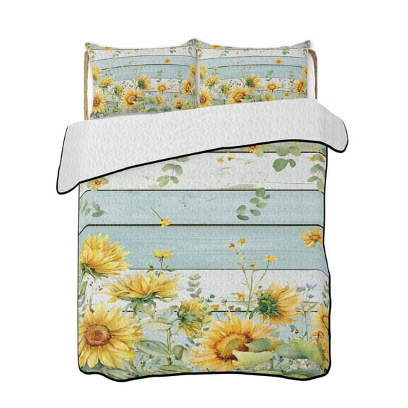 Quilts King Size Bedding Set, Sunflower Lightweight Quilted Comforter, Summer Eucalyptus Botanical Floral Teal Wood Soft Reversible Bedspread Coverlet with Pillow Covers for All Season, 96" x 106"