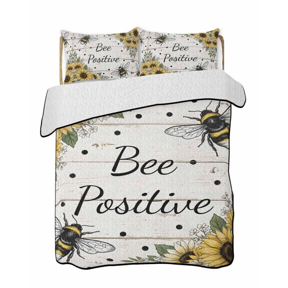 Quilts King Size Bedding Set, Sunflowers Bees Lightweight Quilted Comforter, Farmhouse Botanical Floral Wooden Grain Soft Reversible Bedspread Coverlet with Pillow Covers for All Season, 96" x 106"
