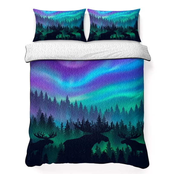 Quilts King Size Bedding Set, Teal Black Moose Lightweight Quilted Comforter, Silhouettes Animals Forest Soft Reversible Bedspread Coverlet with Pillow Covers for All Season, 96" x 106"