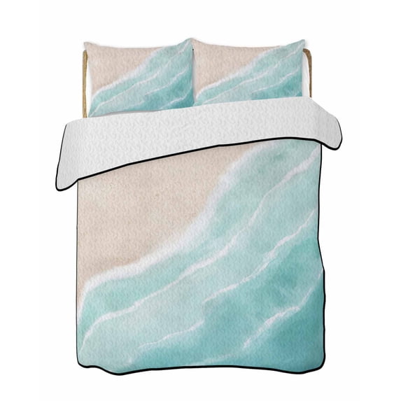 Quilts King Size Bedding Set, Teal Blue Waves Coastal Lightweight Quilted Comforter, Summer Beach Ocean Seaside Soft Reversible Bedspread Coverlet with Pillow Covers for All Season, 96" x 106"