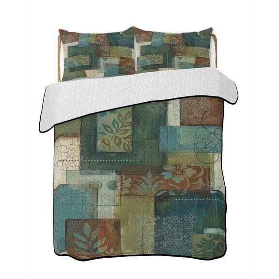 Quilts King Size Bedding Set, Teal Green Boho Lightweight Quilted Comforter, Color Block Geometric Modern Soft Reversible Bedspread Coverlet with Pillow Covers for All Season, 96" x 106"