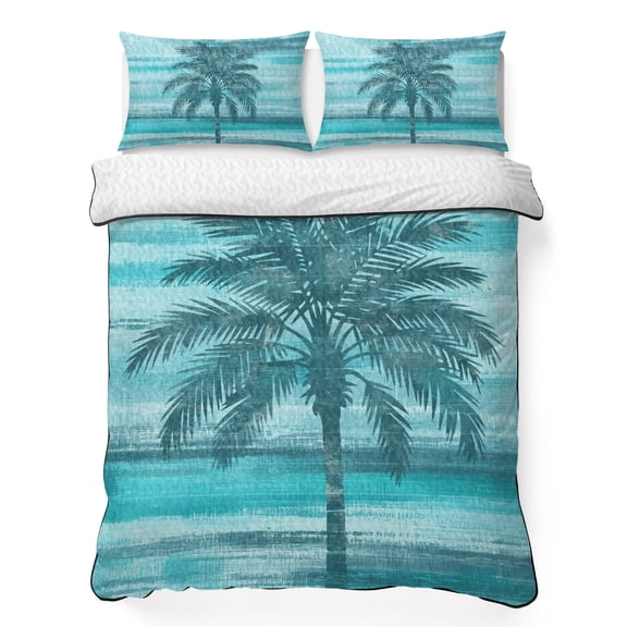 Quilts King Size Bedding Set, Teal Green Palm Tree Lightweight Quilted Comforter, Coastal Tropical Trees Vintage Summer Reversible Bedspread Coverlet with Pillow Covers for All Season, 96" x 106"