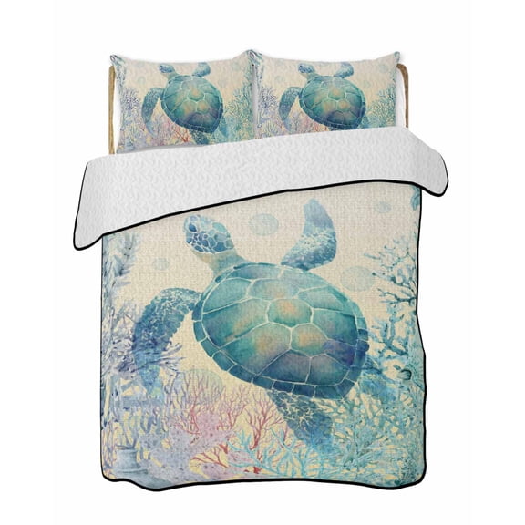 Quilts King Size Bedding Set, Teal Sea Turtle Lightweight Quilted Comforter, Summer Coastal Coral Ocean Linen Texture Soft Reversible Bedspread Coverlet with Pillow Covers for All Season, 96" x 106"