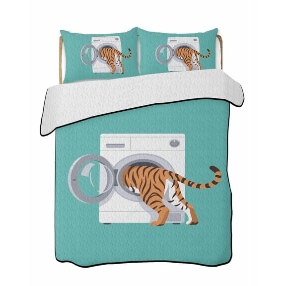 Quilts King Size Bedding Set, Tiger Lightweight Quilted Comforter, Teal Laundry Room Washing Machine Soft Reversible Bedspread Coverlet with Pillow Covers for All Season, 96" x 106"