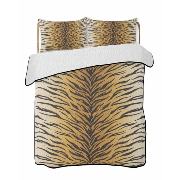 Quilts King Size Bedding Set, Tiger Stripe Lightweight Quilted Comforter, Brown Animals Texture Vintage Soft Reversible Bedspread Coverlet with Pillow Covers for All Season, 96" x 106"