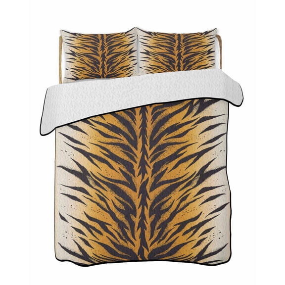 Quilts King Size Bedding Set, Tiger Stripe Lightweight Quilted Comforter, Brown Black Animals Texture Vintage Soft Reversible Bedspread Coverlet with Pillow Covers for All Season, 96" x 106"