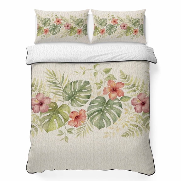 Quilts King Size Bedding Set, Tropical Botanical Lightweight Quilted Comforter, Pastoral Rustic Leaves Floral Burlap Soft Reversible Bedspread Coverlet with Pillow Covers for All Season, 96" x 106"