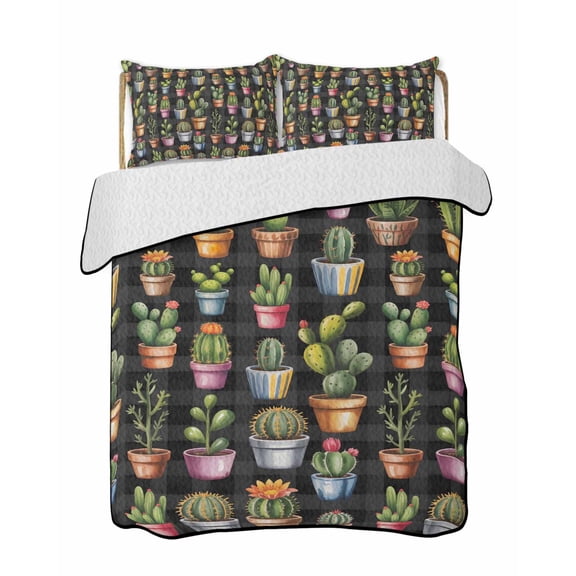 Quilts King Size Bedding Set, Tropical Cactus Lightweight Quilted Comforter, Spring Summer Potted Plants Black Plaid Soft Reversible Bedspread Coverlet with Pillow Covers for All Season, 96" x 106"