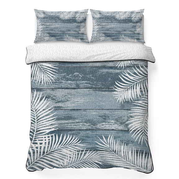 Quilts King Size Bedding Set, Tropical Palm Leaves Lightweight Quilted Comforter, Summer Denim Blue Distressed Wood Soft Reversible Bedspread Coverlet with Pillow Covers for All Season, 96" x 106"
