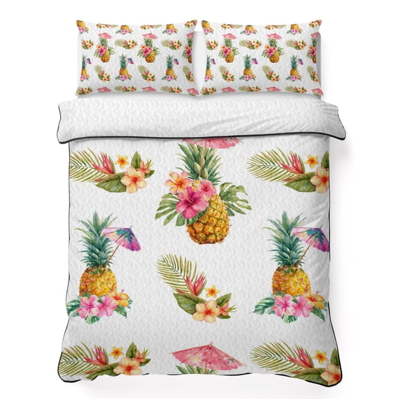 Quilts King Size Bedding Set, Tropical Pineapple Lightweight Quilted Comforter, Summer Palm Leaves Flowers Soft Reversible Bedspread Coverlet with Pillow Covers for All Season, 96" x 106"