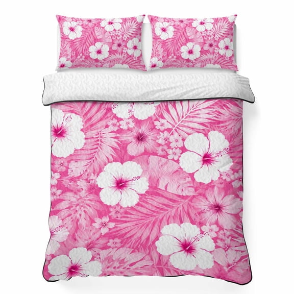 Quilts King Size Bedding Set, Tropical Plants Lightweight Quilted Comforter, Summer Palm Monstera Leaf Flowers Boho Pink Reversible Bedspread Coverlet with Pillow Covers for All Season, 96" x 106"