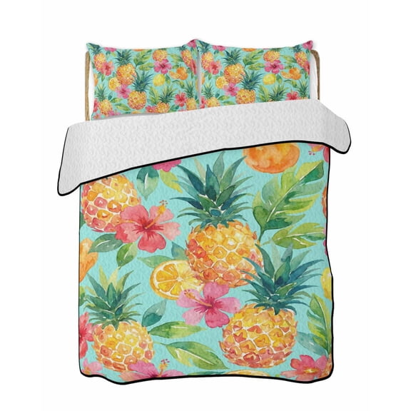 Quilts King Size Bedding Set, Turquoise Summer Pineapple Lightweight Quilted Comforter, Tropical Lemon Fruits Leaves Soft Reversible Bedspread Coverlet with Pillow Covers for All Season, 96" x 106"