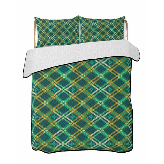 Quilts King Size Bedding Set, Vintage Green Check Lightweight Quilted Comforter, Geometric Tartan Plaid Ethnic Soft Reversible Bedspread Coverlet with Pillow Covers for All Season, 96" x 106"