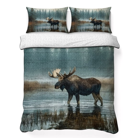 Quilts King Size Bedding Set, Vintage Moose Lightweight Quilted Comforter, Retro Animals Wooden Brown Soft Reversible Bedspread Coverlet with Pillow Covers for All Season, 96" x 106"