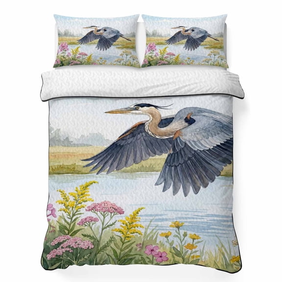 Quilts King Size Bedding Set, Watercolor Wildflowers Lightweight Quilted Comforter, Spring Swan Lake Nature Scenery Soft Reversible Bedspread Coverlet with Pillow Covers for All Season, 96" x 106"