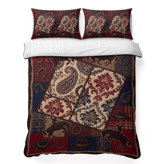 Quilts King Size Bedding Set, Western Cowboy Lightweight Quilted Comforter, Country Horse Hat Horseshoe Retro Red Soft Reversible Bedspread Coverlet with Pillow Covers for All Season, 96" x 106"