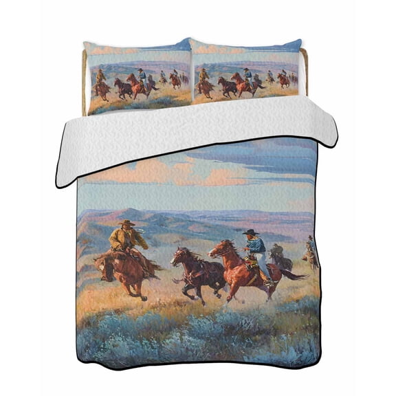 Quilts King Size Bedding Set, Western Cowboy Lightweight Quilted Comforter, Country Mountain Horse Nature Scenery Soft Reversible Bedspread Coverlet with Pillow Covers for All Season, 96" x 106"