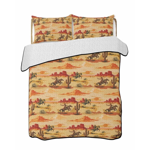 Quilts King Size Bedding Set, Western Cowboy Lightweight Quilted Comforter, Farmhouse Tropical Cactus Nature Scenery Soft Reversible Bedspread Coverlet with Pillow Covers for All Season, 96" x 106"