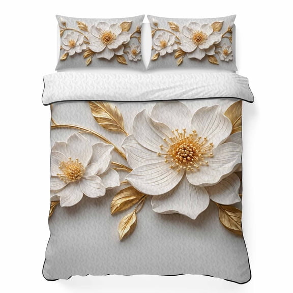 Quilts King Size Bedding Set, White Gold Flowers Lightweight Quilted Comforter, Modern Chic Blooming Floral Leaves Soft Reversible Bedspread Coverlet with Pillow Covers for All Season, 96" x 106"
