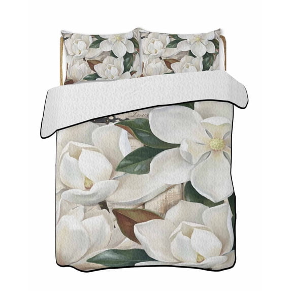 Quilts King Size Bedding Set, White Magnolia Blossom Lightweight Quilted Comforter, Spring Floral Flowers Farmhouse Soft Reversible Bedspread Coverlet with Pillow Covers for All Season, 96" x 106"