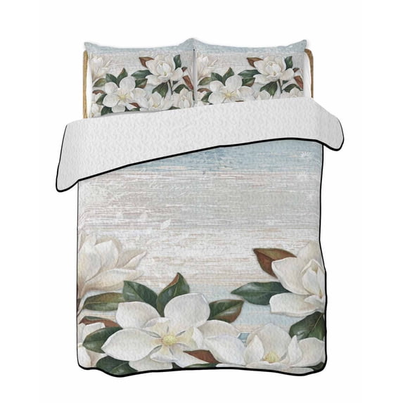 Quilts King Size Bedding Set, White Magnolia Lightweight Quilted Comforter, Spring Floral Blossom Flowers Plants Light Blue Soft Bedspread Coverlet with Pillow Covers for All Season, 96" x 106"