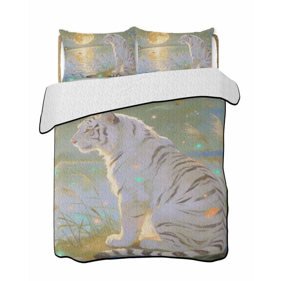 Quilts King Size Bedding Set, White Tiger Moon Night Lightweight Quilted Comforter, Abstract Art Lake Aesthetic Soft Reversible Bedspread Coverlet with Pillow Covers for All Season, 96" x 106"