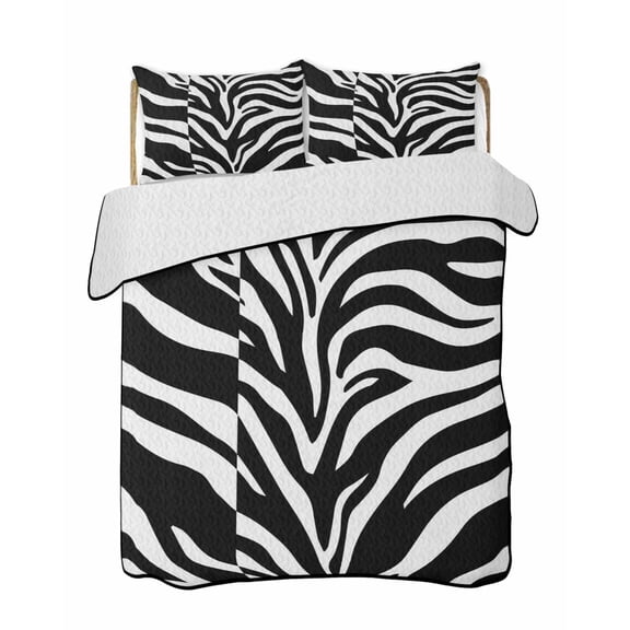 Quilts King Size Bedding Set, White Zebra Striped Lightweight Quilted Comforter, Animals Fur Abstract Art Soft Reversible Bedspread Coverlet with Pillow Covers for All Season, 96" x 106"