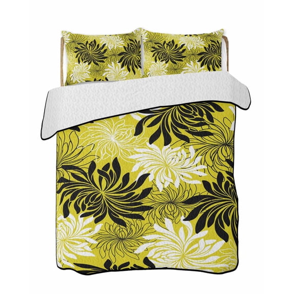 Quilts King Size Bedding Set, Yellow Black Flowers Lightweight Quilted Comforter, Modern Abstract Blooms Floral Soft Reversible Bedspread Coverlet with Pillow Covers for All Season, 96" x 106"