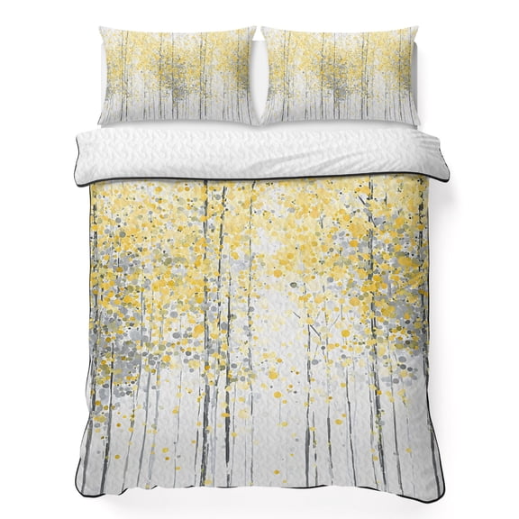 Quilts King Size Bedding Set, Yellow Forest Lightweight Quilted Comforter, Nature Abstract Oil Painting Trees Branch Soft Reversible Bedspread Coverlet with Pillow Covers for All Season, 96" x 106"