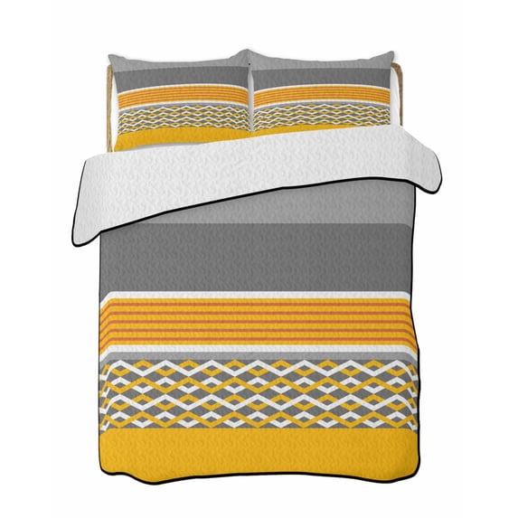 Quilts King Size Bedding Set, Yellow Grey Stripes Lightweight Quilted Comforter, Abstract Lines Geometric Modern Art Soft Reversible Bedspread Coverlet with Pillow Covers for All Season, 96" x 106"
