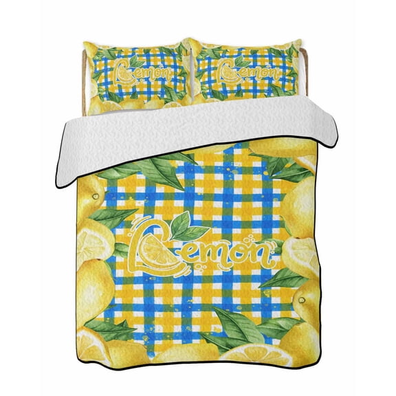 Quilts King Size Bedding Set, Yellow Lemon Lightweight Quilted Comforter, Summer Botanical Blue Yellow Buffalo Plaid Soft Reversible Bedspread Coverlet with Pillow Covers for All Season, 96" x 106"